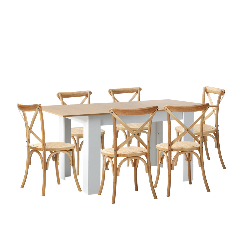Oikiture 160cm Extendable Dining Table with 6PCS Chairs Crossback Wooden