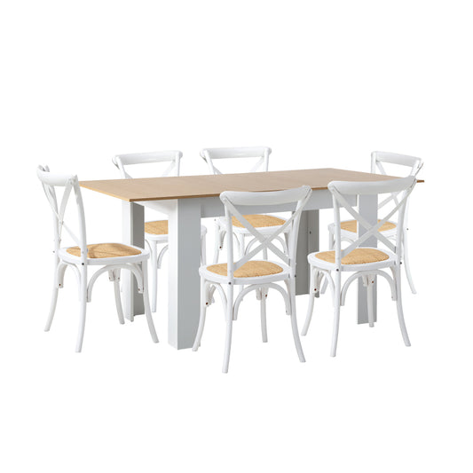 Oikiture 160cm Extendable Dining Table with 6PCS Chairs Crossback White