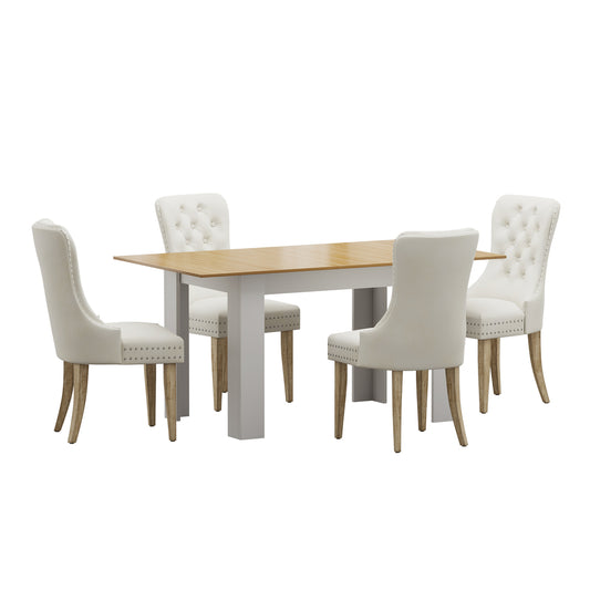 Oikiture 160cm Extendable Dining Table with 4PCS Chairs Velvet Beige