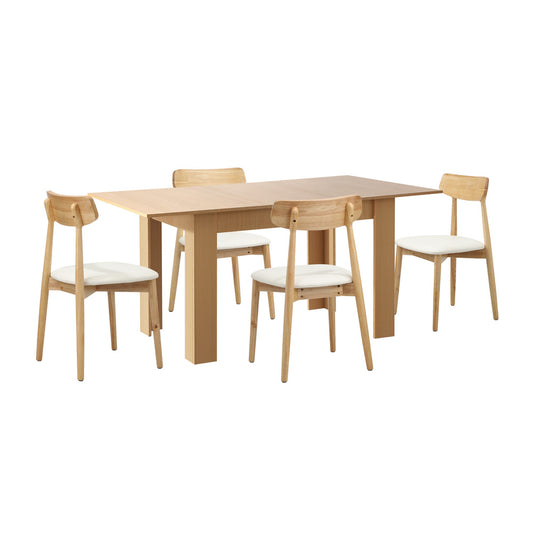 Oikiture 160cm Extendable Dining Table with 4x Dining Chairs PU Leather Natural