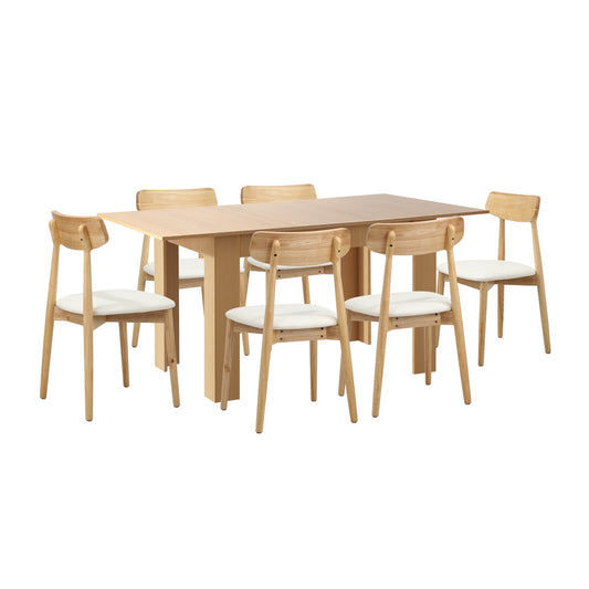 Oikiture 160cm Extendable Dining Table with 6x Dining Chairs PU Leather Natural