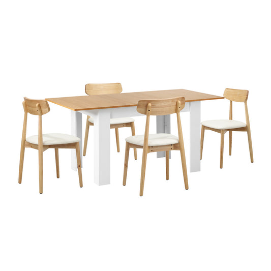 Oikiture 160cm Extendable Dining Table with 4x Dining Chairs PU Leather White