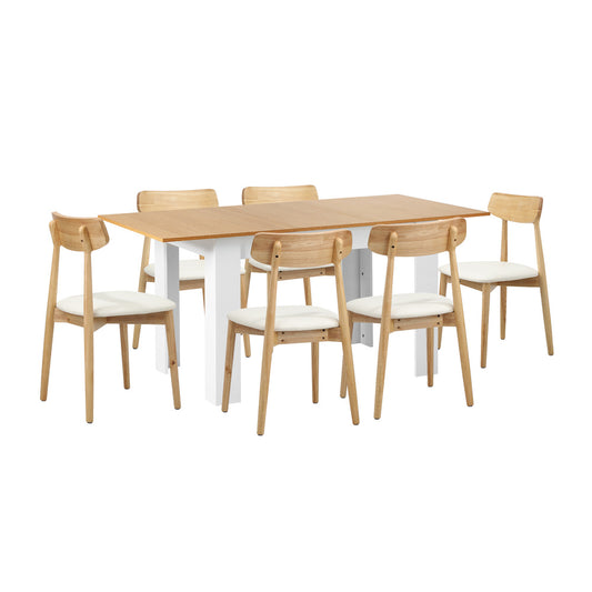 Oikiture 160cm Extendable Dining Table with 6x Dining Chairs PU Leather White
