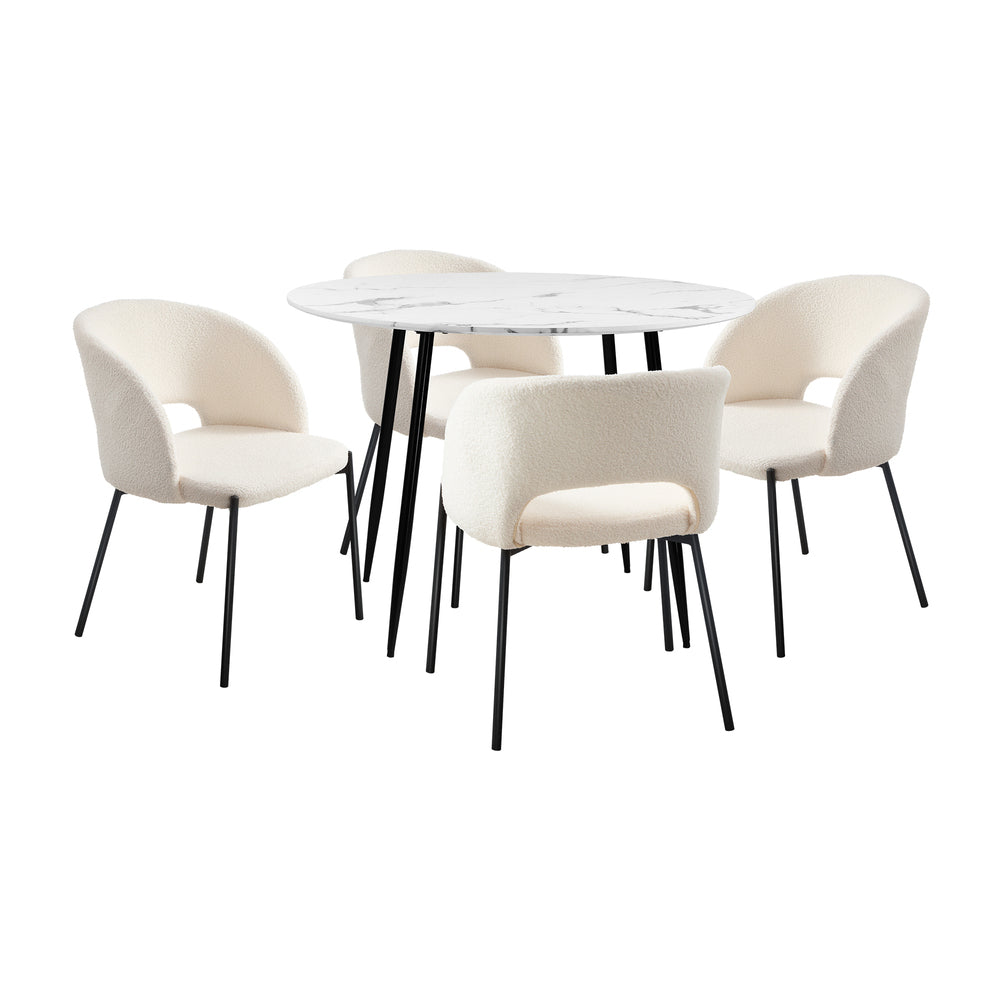 Oikiture 110cm Round Dining Table with 4PCS Chairs Sherpa White