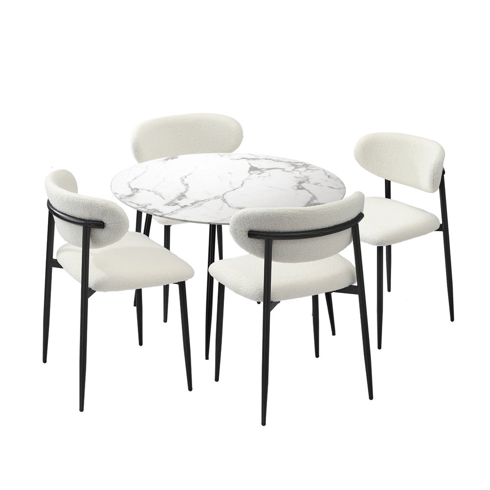 Oikiture 110cm Round Dining Table with 4x Dining Chairs Boucle Black&White