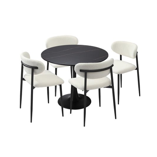 Oikiture 90cm Round Dining Table with 4x Dining Chairs Boucle Black&White