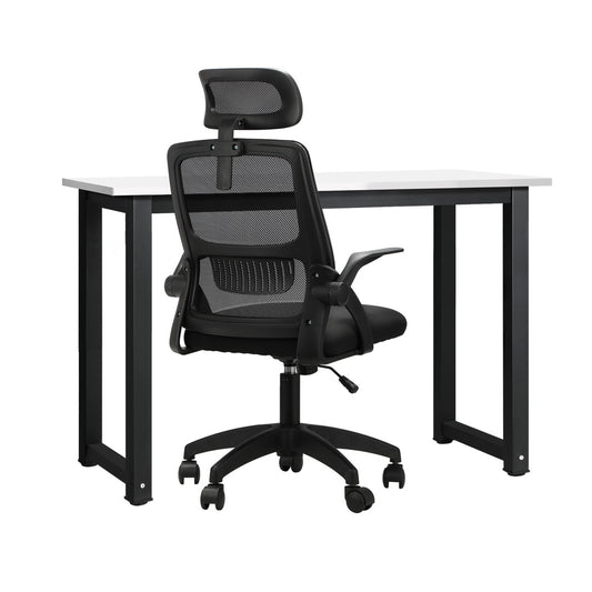 Oikiture Home Office Set Computer Desk and Mesh Office Chair BK&WH