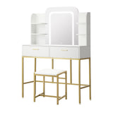 Oikiture Dressing Table Stool Set LED Mirror Vanity Desk White Gold