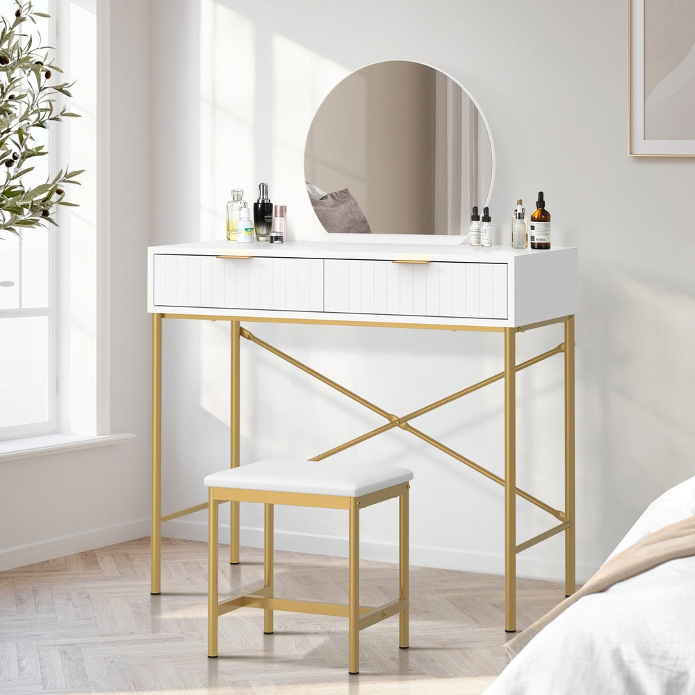 Oikiture Dressing Table Makeup Desk 2 Drawers White and Gold