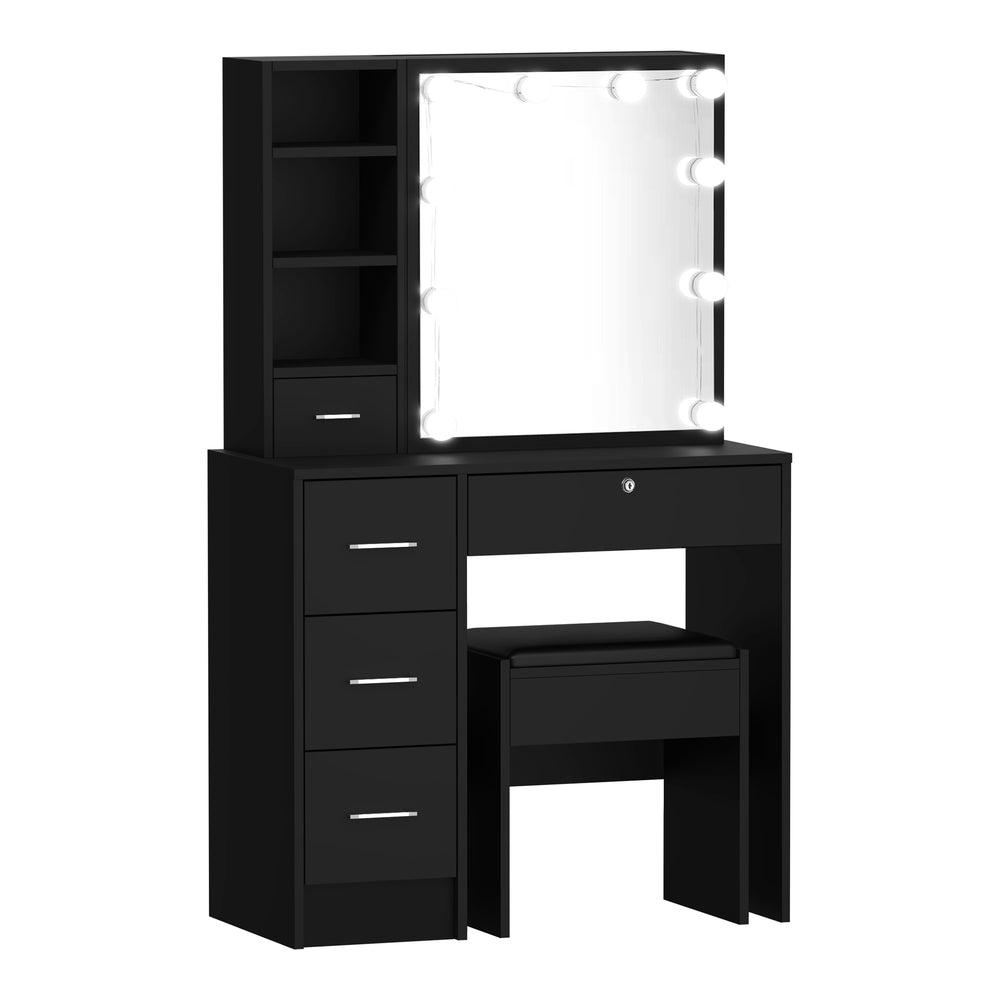 Oikiture Dressing Table Stool Set Makeup Slide Mirror Drawer 10 LED Bulbs Black