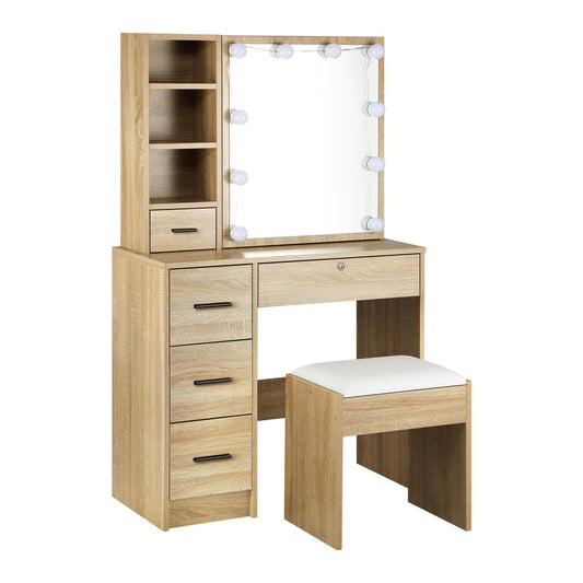 Oikiture Dressing Table Stool Set with 10 Bulbs Mirror Wooden