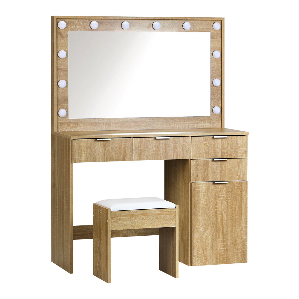 Oikiture Dressing Table Stool Set Large Mirror 12 Bulbs Oak