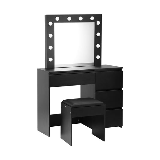 Oikiture Dressing Table Stool Set with 12 Bulbs Mirror Black