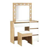 Oikiture Dressing Table Stool Set 12 LED Bulbs Mirror Wooden&White