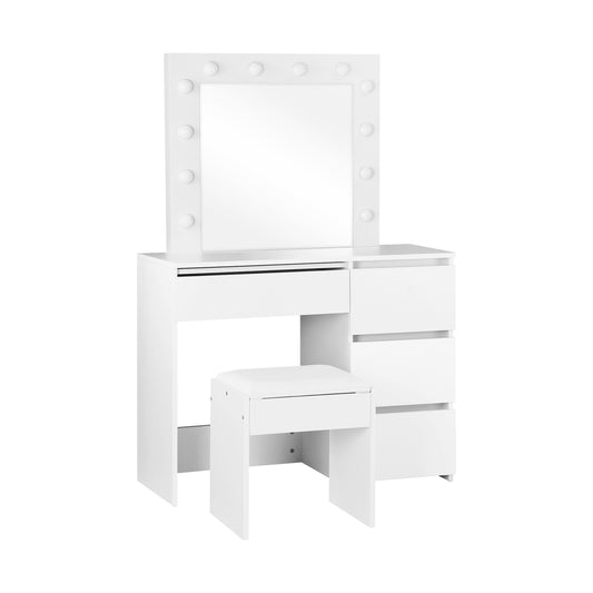 Oikiture Dressing Table Stool Set with 12 Bulbs Mirror White