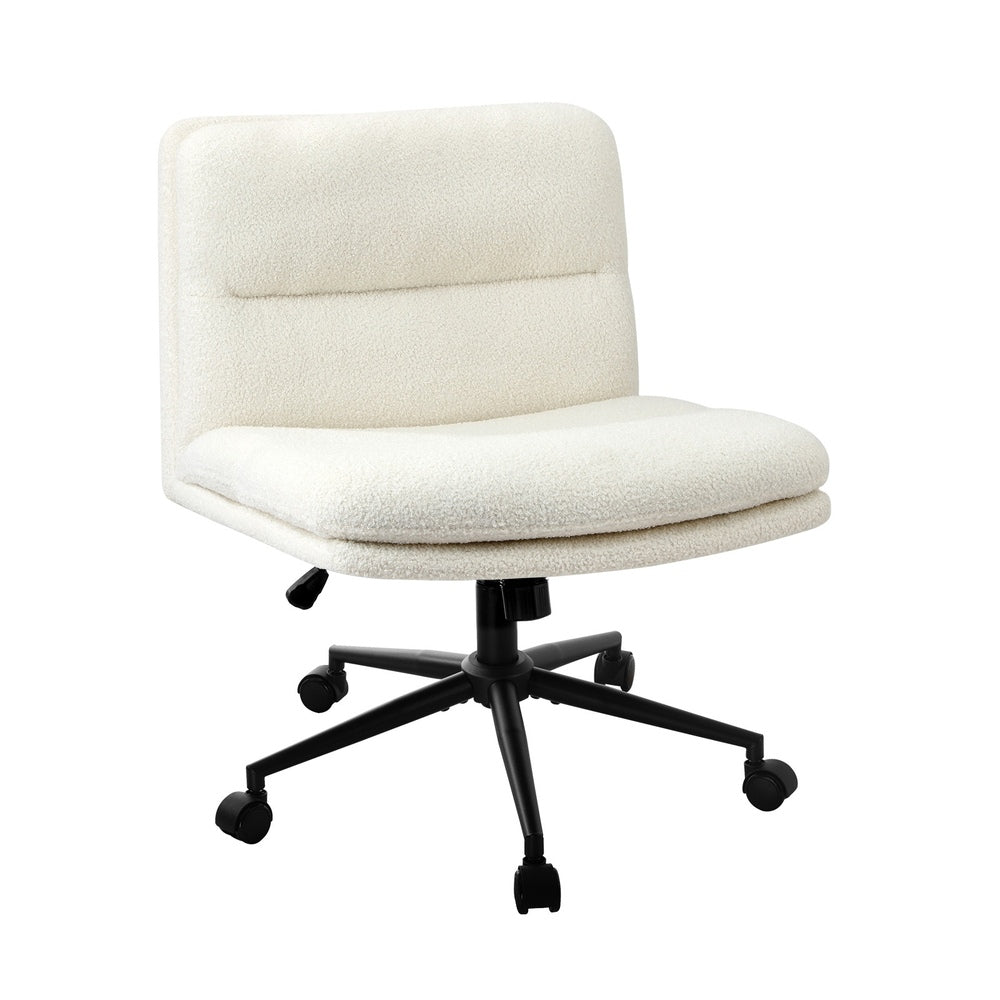 Oikiture Armless Office Chair Wide Seat Boucle White with Wheels