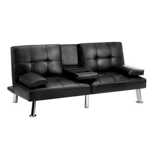 Oikiture 3-Seater Sofa Bed with Cup Holders Black Leather