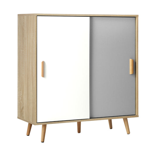 Oikiture Shoe Cabinet Adjustable Shelves Sliding Doors White&Wood