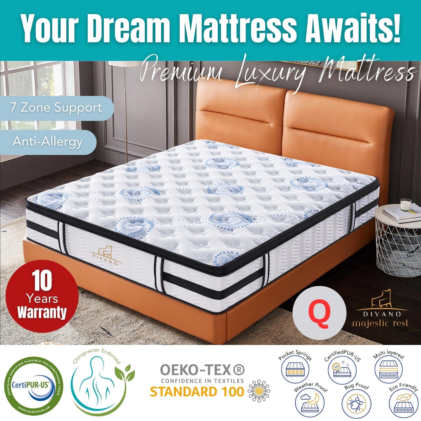 Majestic Rest 7 Zones Luxury Premium Firm Pocket Spring 34cm Mattress